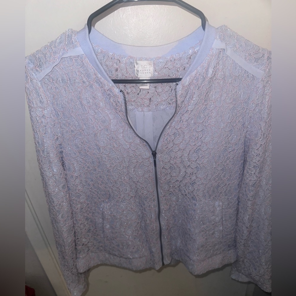 LAUREN CONRAD JACKET size 8 floral, lacy print. Pink and baby blue.